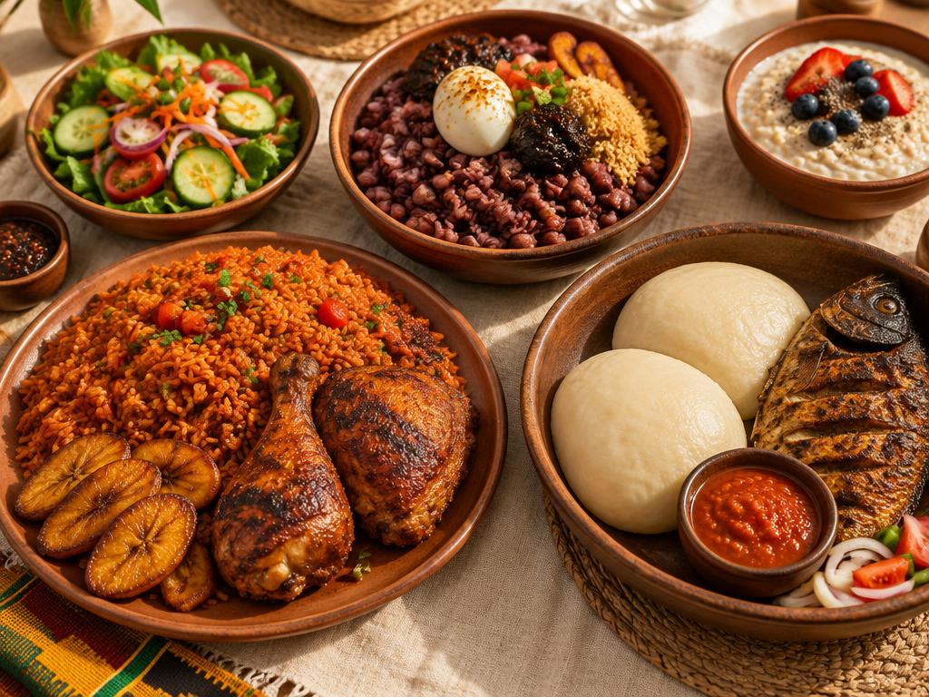 Jollof rice, waakye, banku with tilapia, a fresh salad and a bowl of oats